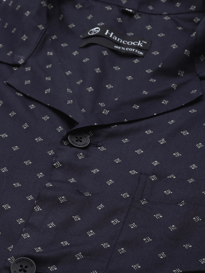 Men Navy Prints Pure Cotton Regular Fit Night Wear Night Suit