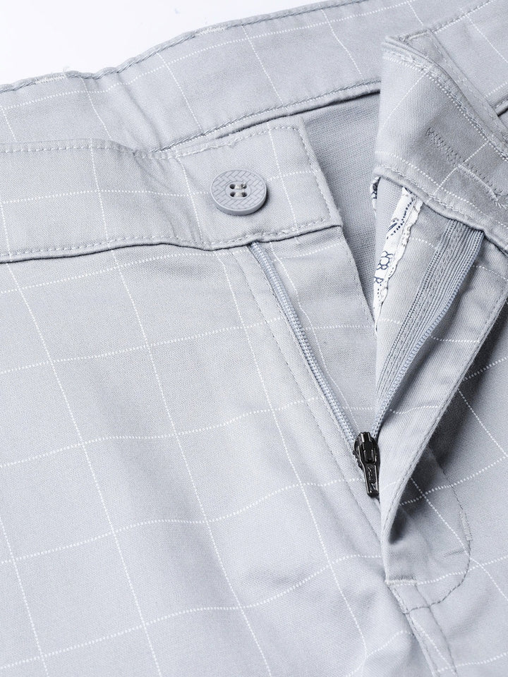 Men Light Grey Checked Cotton Stretch Slim Fit Formal Trouser