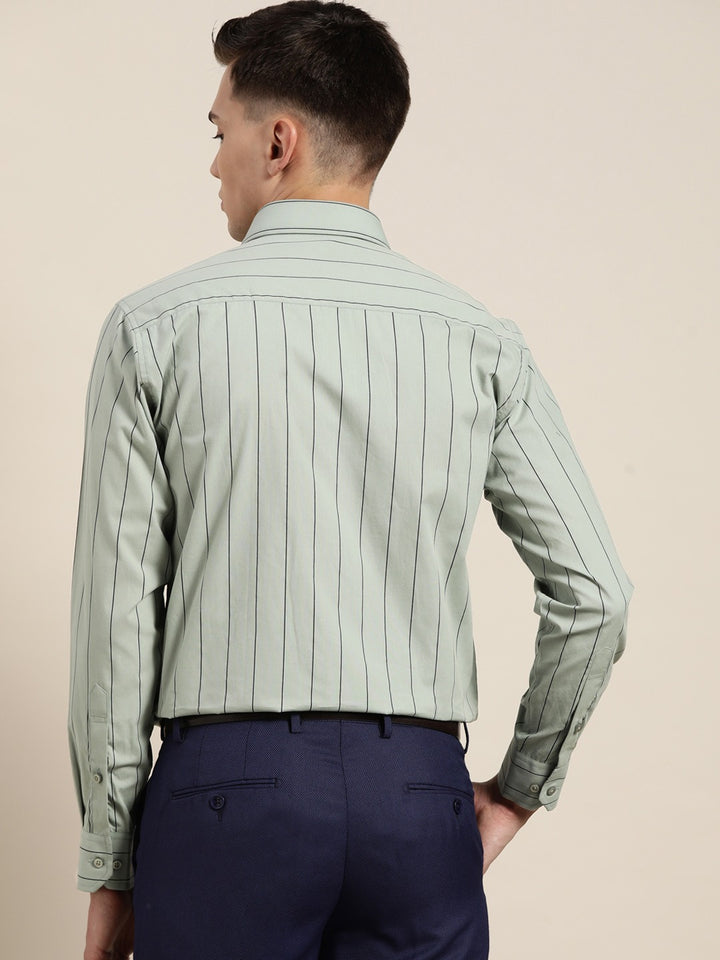 Men Green Stripes Pure Cotton Slim Fit Formal Shirt