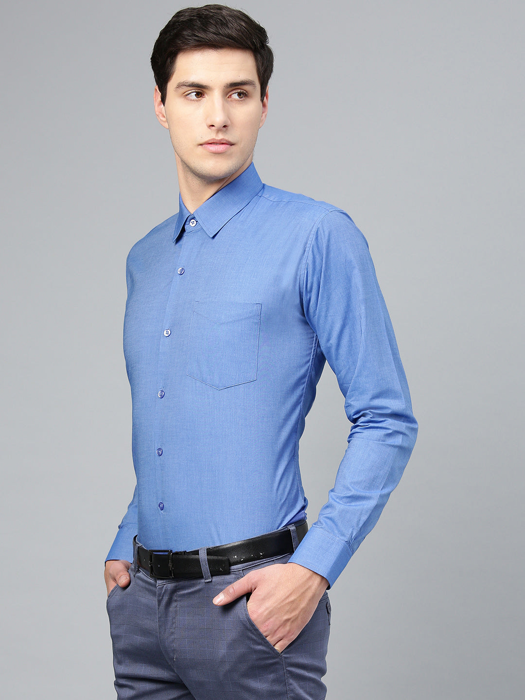 Men Blue Pure Cotton Solid Slim Fit Formal Shirt