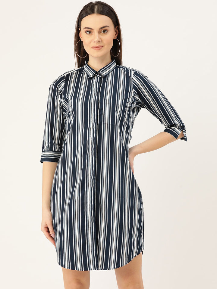 Women Navy & White Stripes Pure Cotton Regular Fit Formal Dress