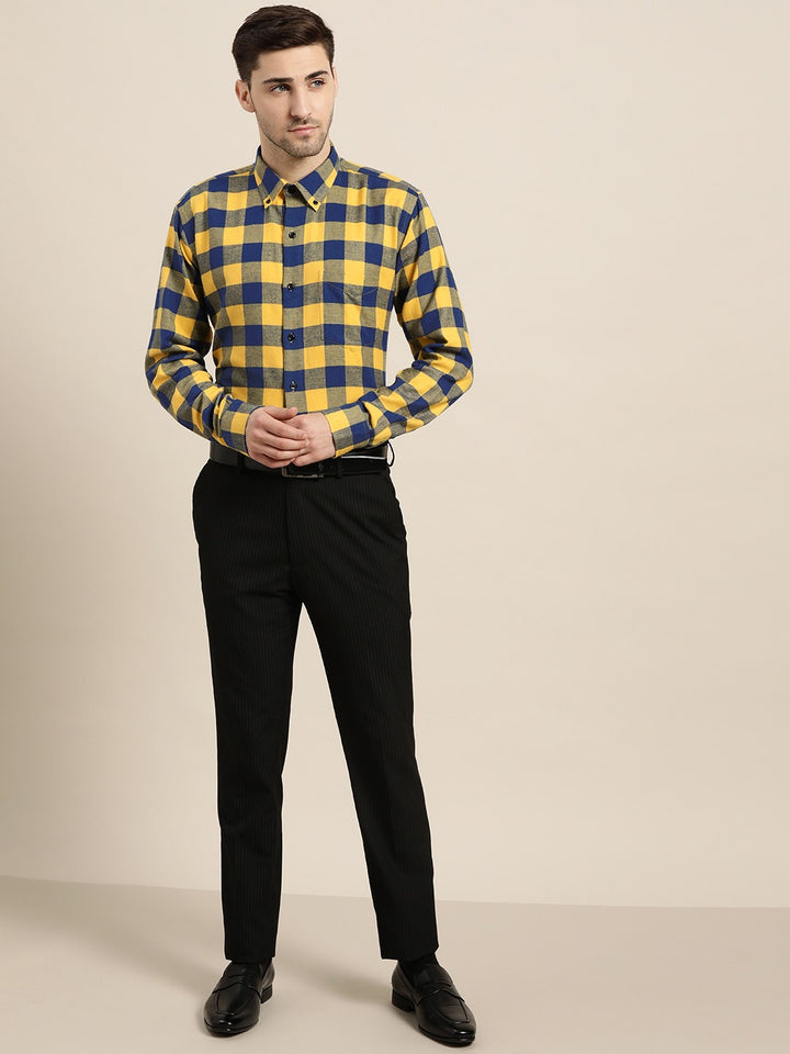 Men Yellow & Navy Checks Pure Cotton Slim Fit Formal Shirt