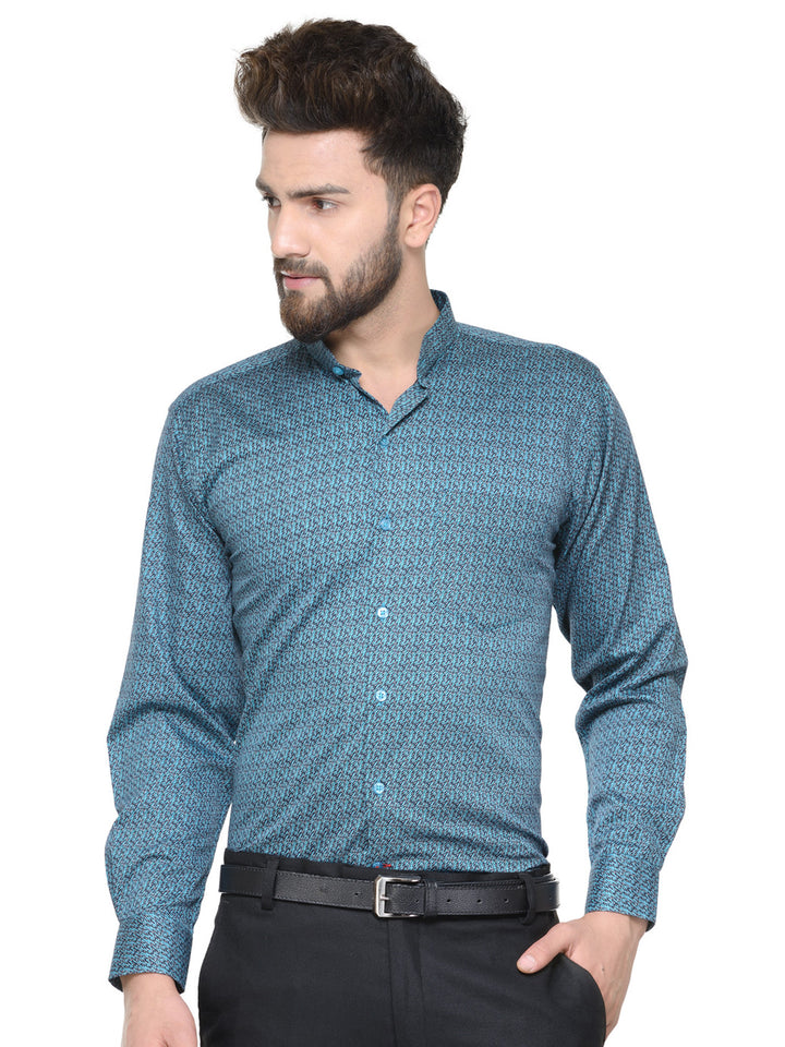 Men Turquoise and Navy Printed Pure Cotton Slim Fit Formal Shirt