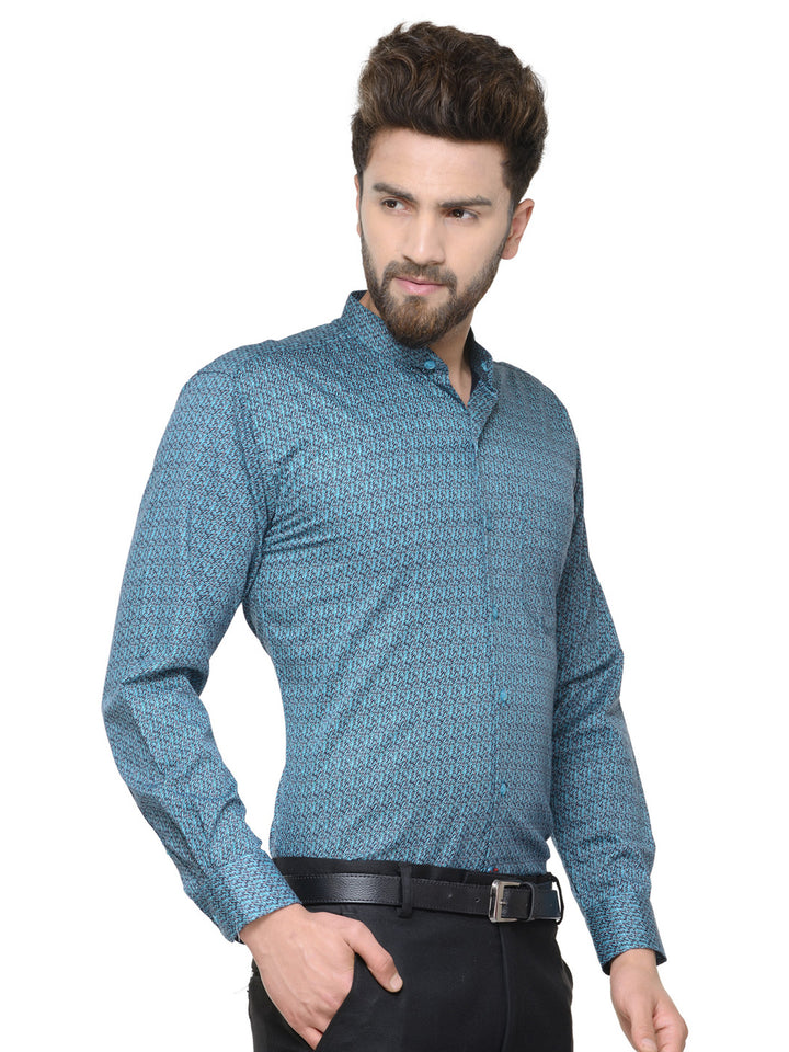 Men Turquoise and Navy Printed Pure Cotton Slim Fit Formal Shirt