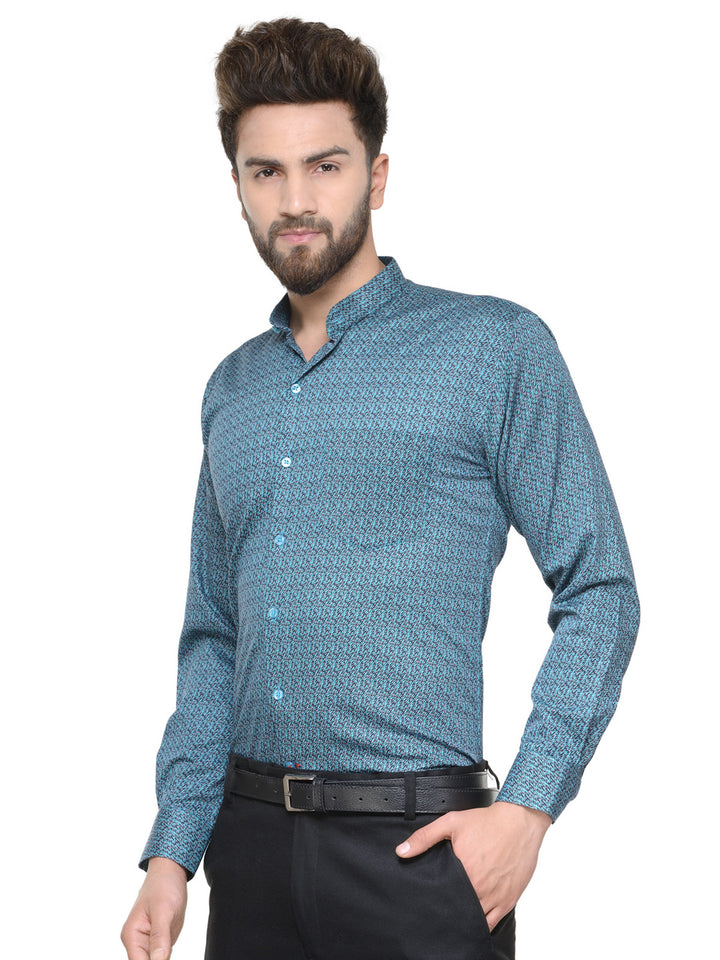 Men Turquoise and Navy Printed Pure Cotton Slim Fit Formal Shirt