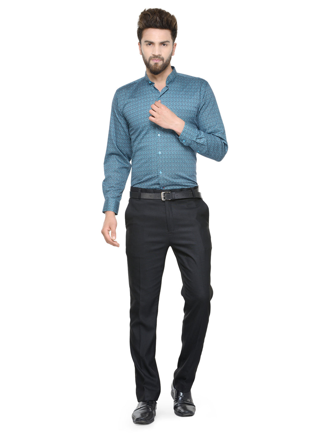 Men Turquoise and Navy Printed Pure Cotton Slim Fit Formal Shirt