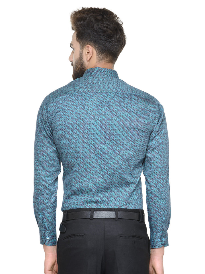 Men Turquoise and Navy Printed Pure Cotton Slim Fit Formal Shirt