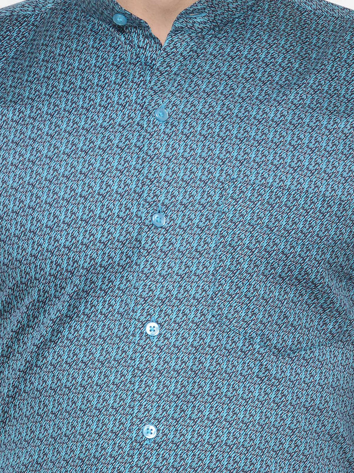 Men Turquoise and Navy Printed Pure Cotton Slim Fit Formal Shirt