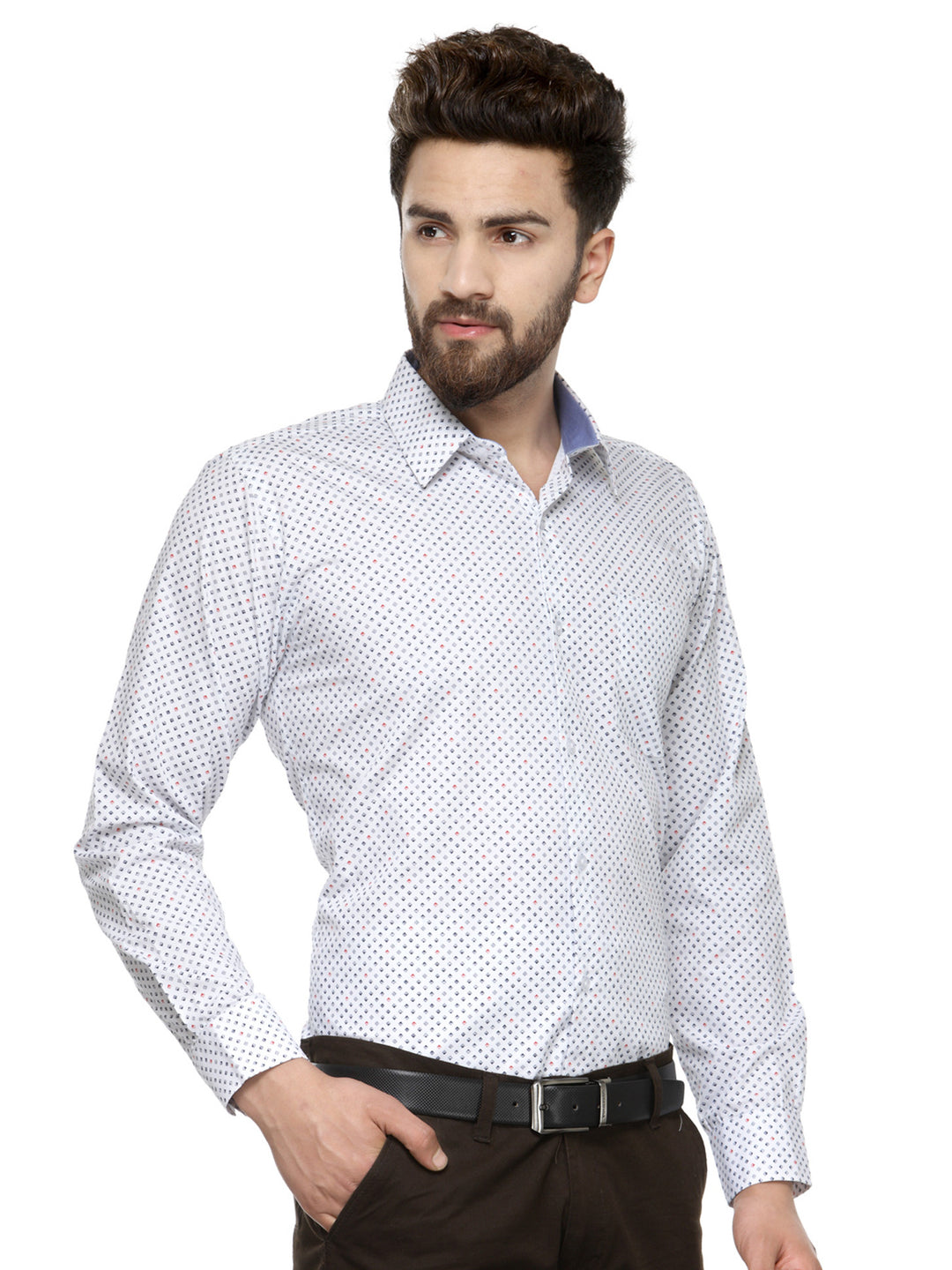Men White Printed Pure Cotton Slim Fit Formal Shirt