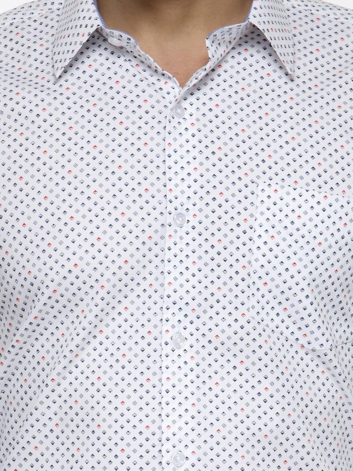 Men White Printed Pure Cotton Slim Fit Formal Shirt