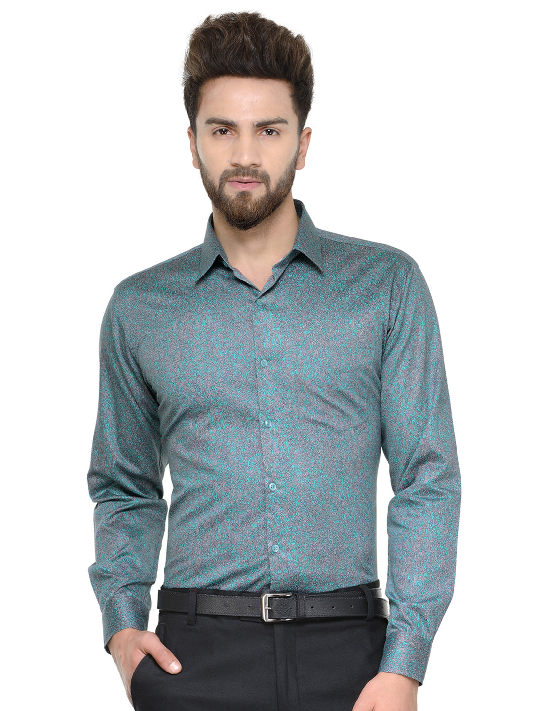 Men Green Printed Pure Cotton Slim Fit Formal Shirt