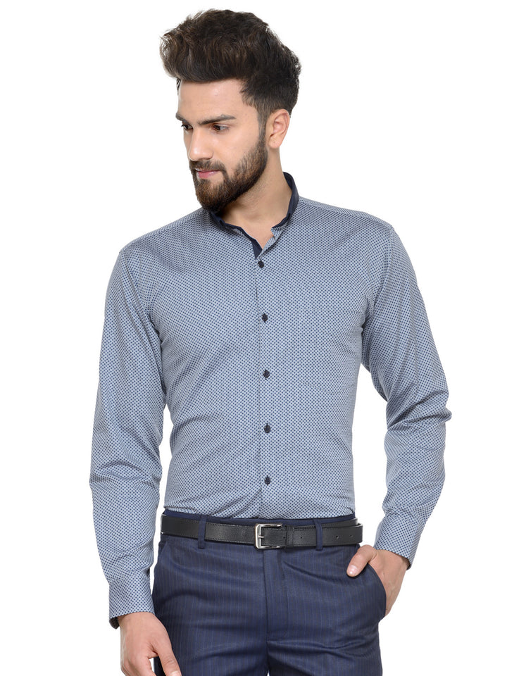 Men Grey and Navy Prints Pure Cotton Slim Fit Formal Shirt