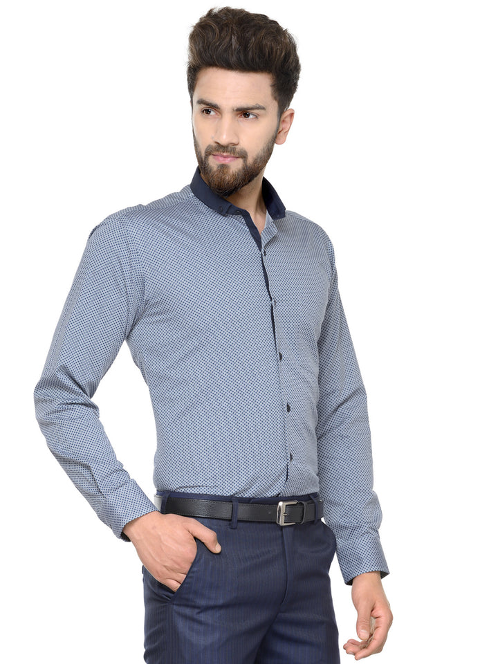 Men Grey and Navy Prints Pure Cotton Slim Fit Formal Shirt