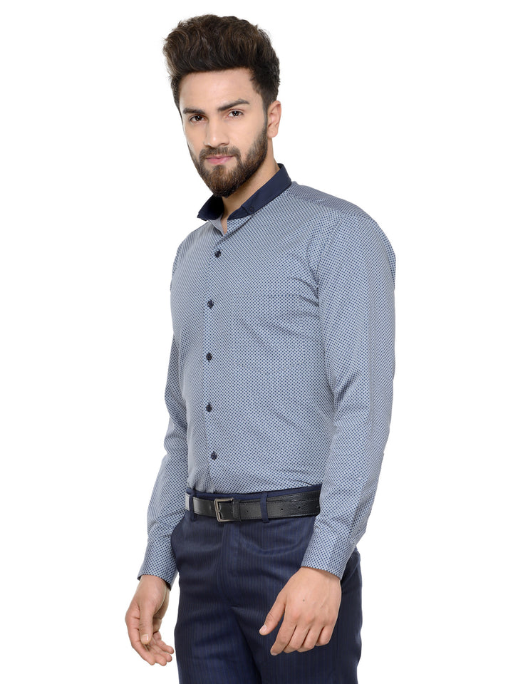 Men Grey and Navy Prints Pure Cotton Slim Fit Formal Shirt