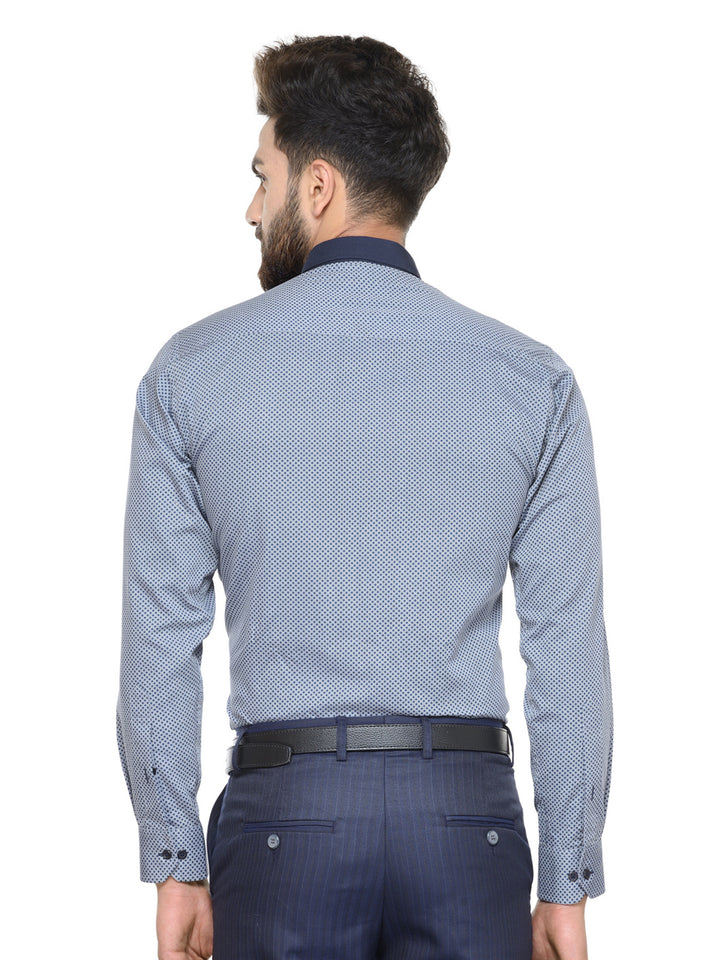 Men Grey and Navy Prints Pure Cotton Slim Fit Formal Shirt