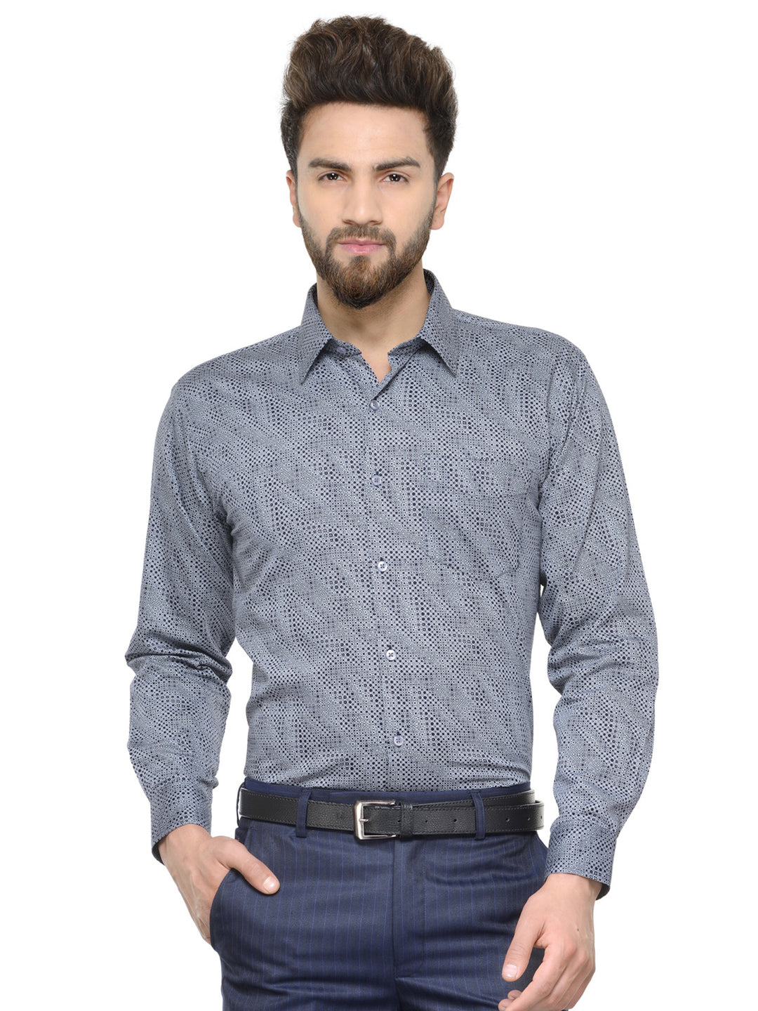 Men Grey and Navy Printed Pure Cotton Slim Fit Formal Shirt