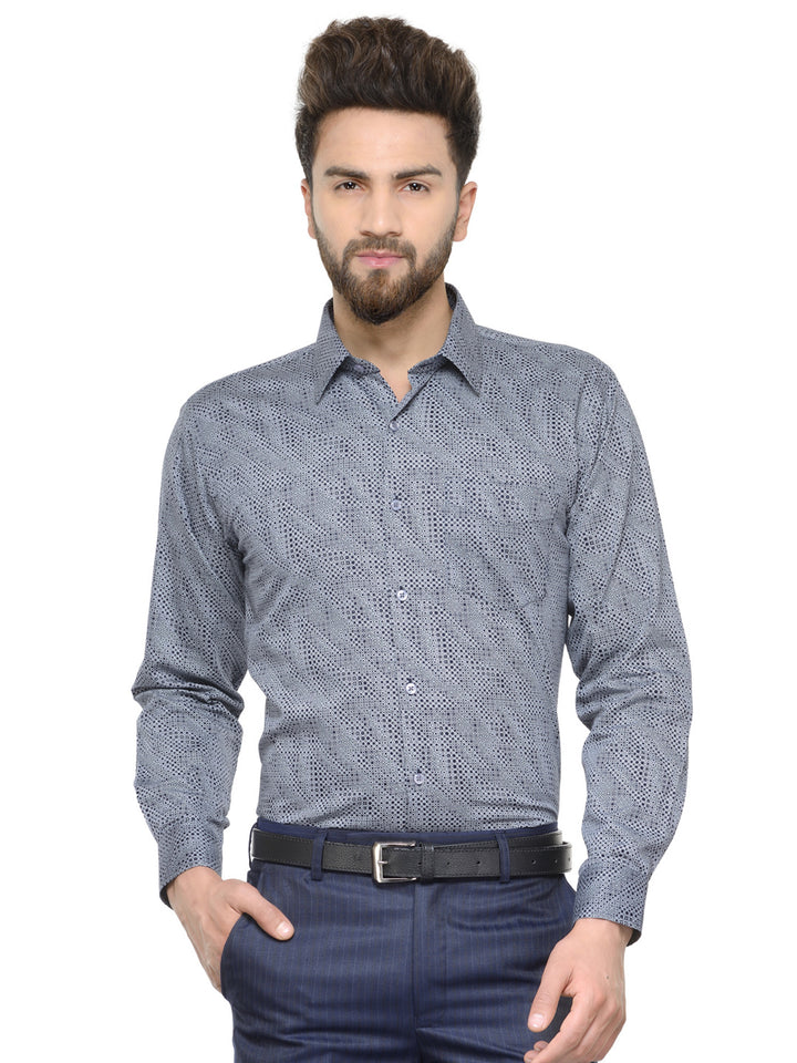 Men Grey and Navy Printed Pure Cotton Slim Fit Formal Shirt