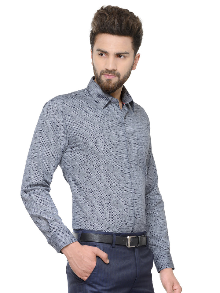 Men Grey and Navy Printed Pure Cotton Slim Fit Formal Shirt
