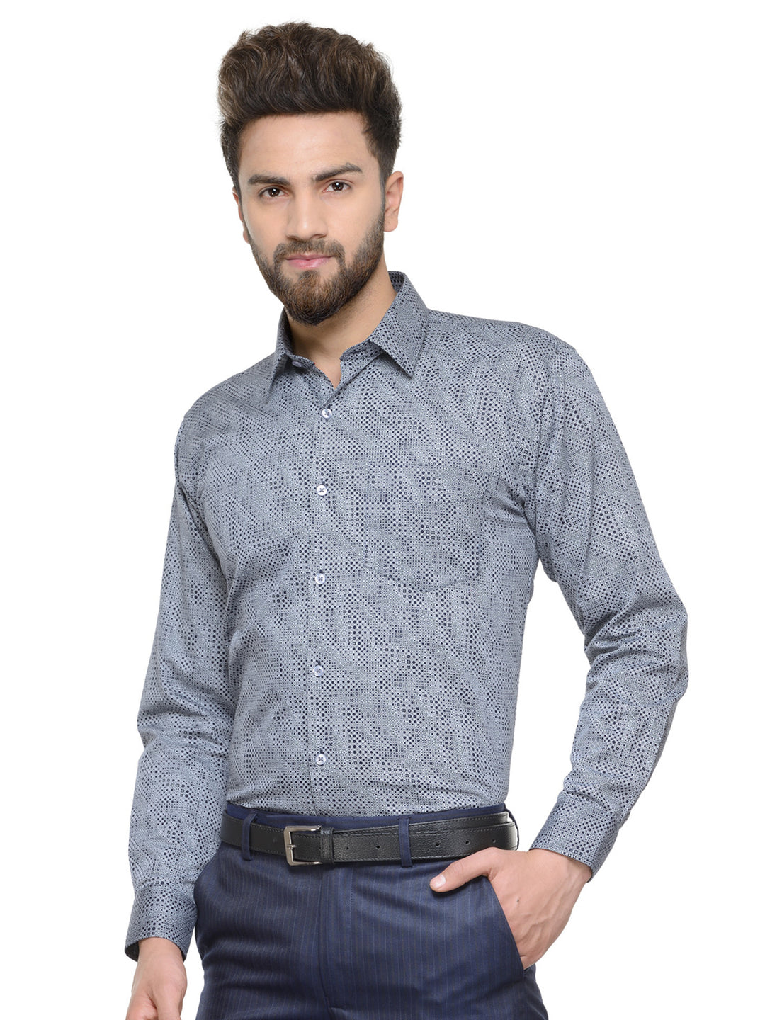 Men Grey and Navy Printed Pure Cotton Slim Fit Formal Shirt