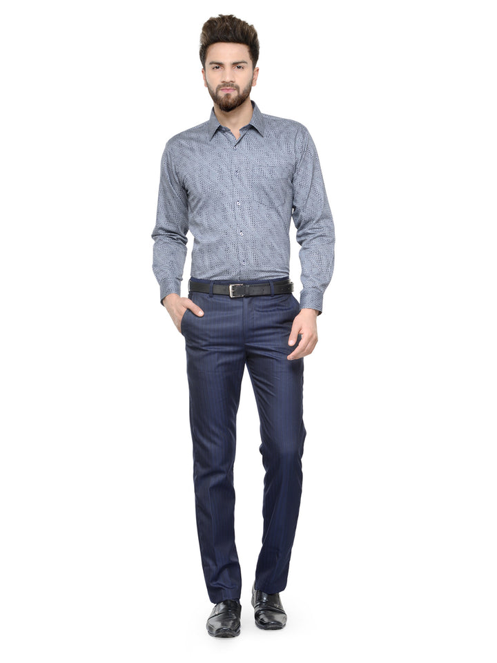Men Grey and Navy Printed Pure Cotton Slim Fit Formal Shirt