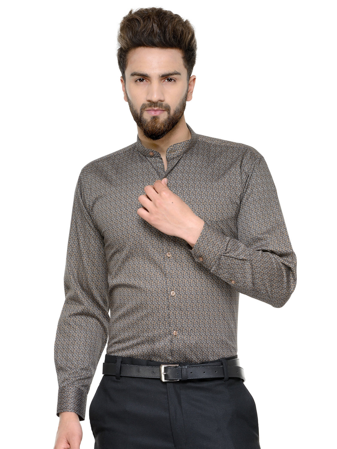 Men Brown and Navy Printed Pure Cotton Slim Fit Formal Shirt