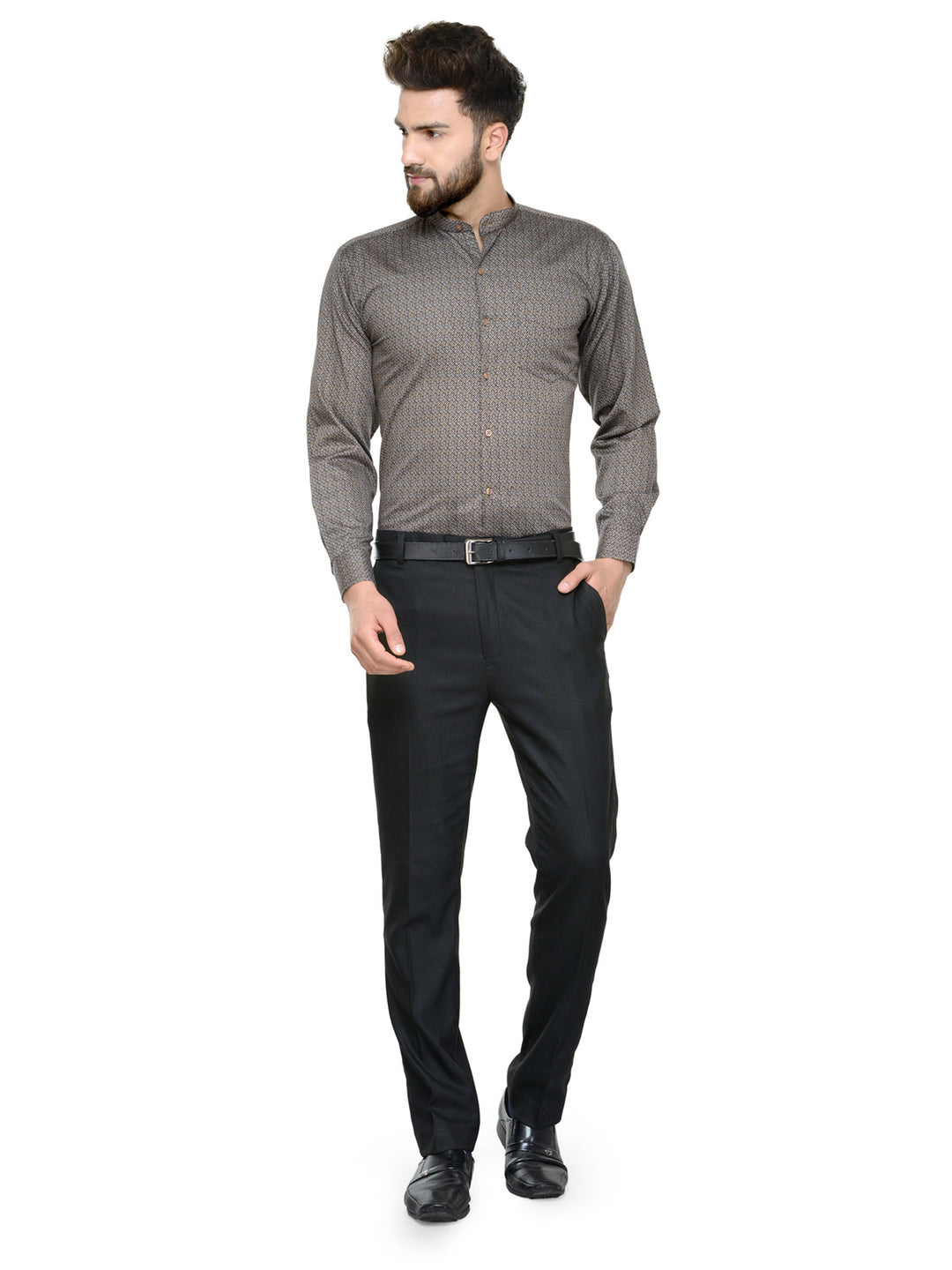 Men Brown and Navy Printed Pure Cotton Slim Fit Formal Shirt