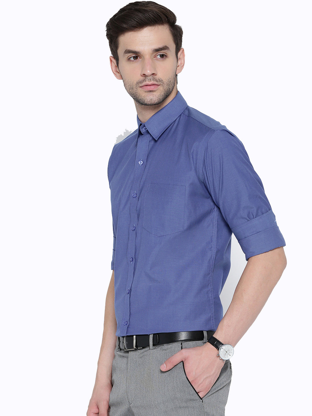 Men Blue Chambray Slim Fit Formal Shirt