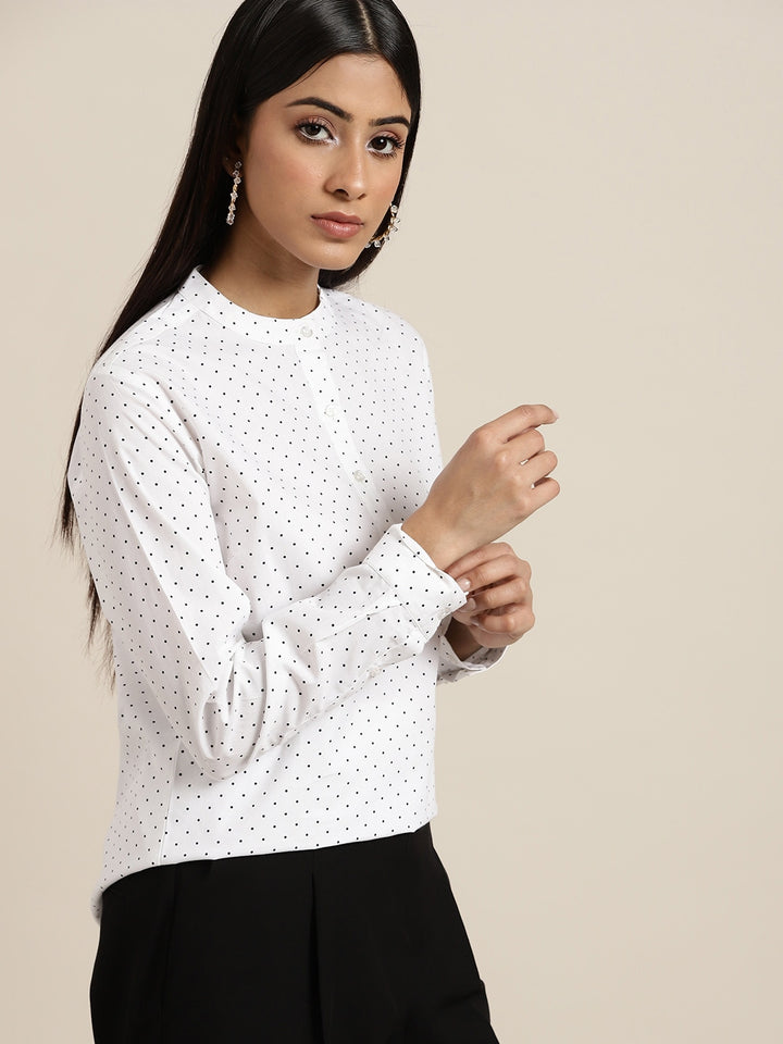 Women White Polka Dot Printed Pure Cotton Slim Fit Formal Top