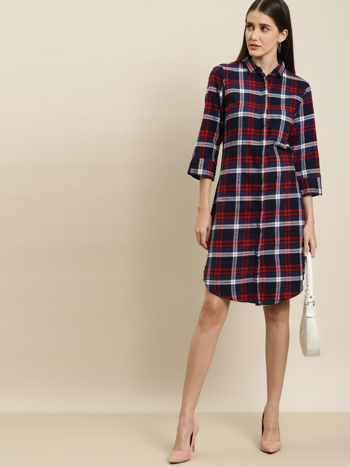 Women Navy Checks Pure Cotton Regular Fit Formal Dress