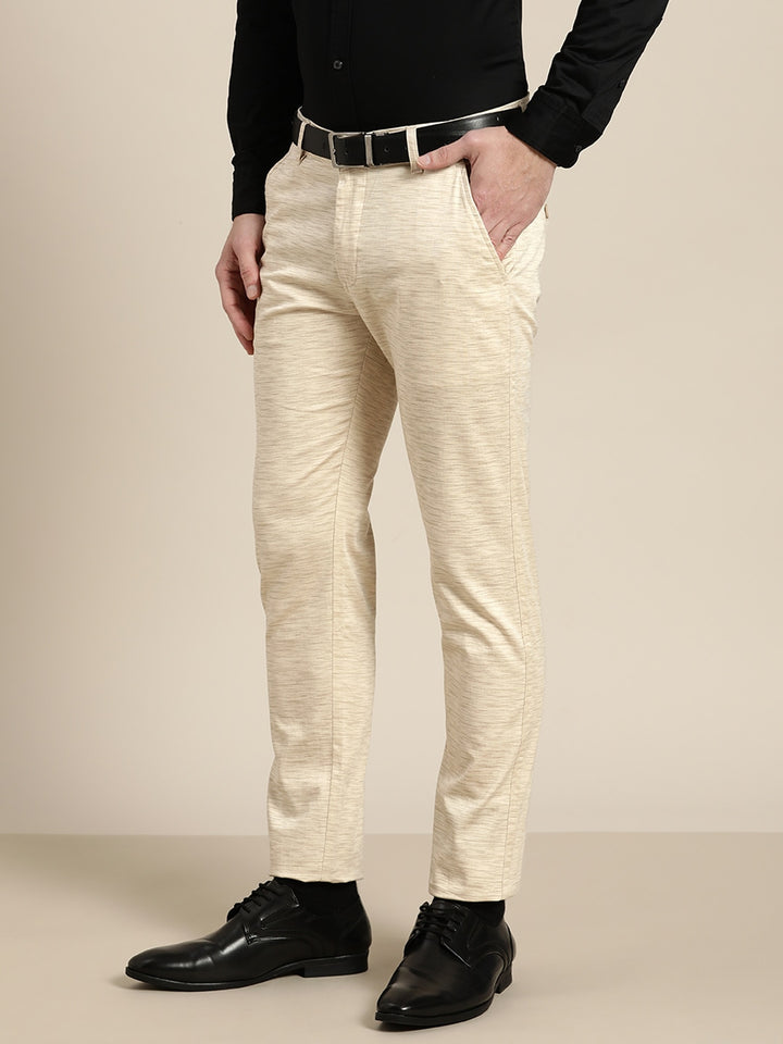 Men Beige Solids Cotton Elastene Slim Fit Formal Trouser