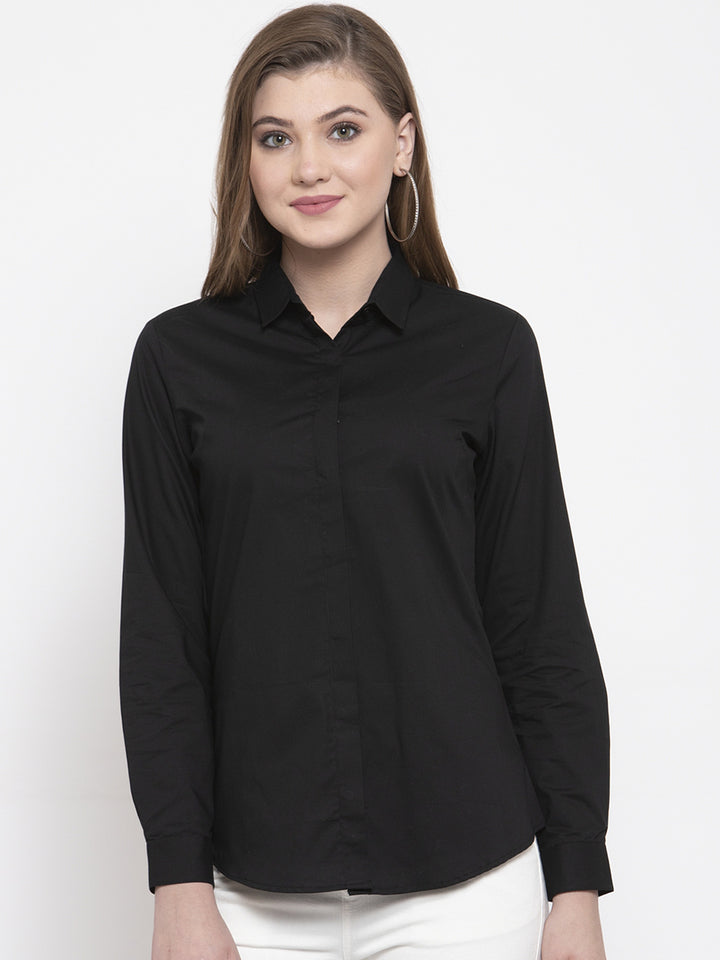 Women Black Cotton Solid Slim Fit Formal Shirt