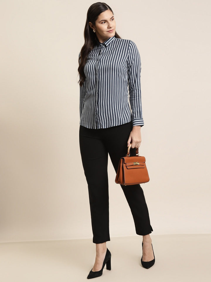 Women Navy & Sky Stripes Pure Cotton Slim Fit Formal Shirt