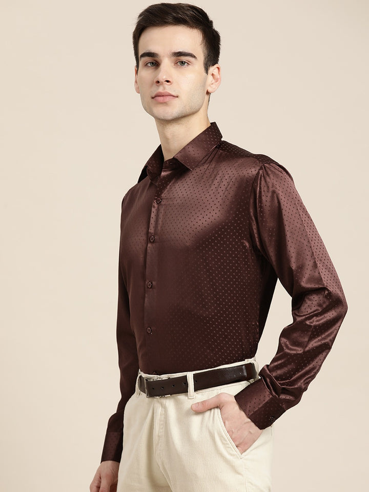 Men Maroon Solid Self Design Polyester Satin Slim Fit Party Formal Shirt