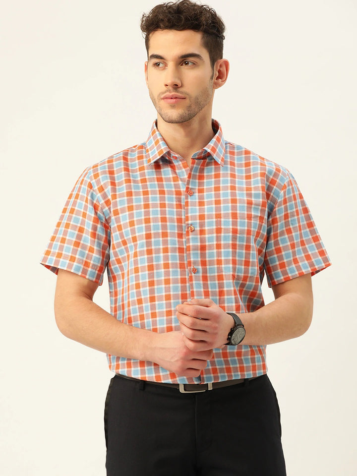 Men Orange & Blue Checks Linen Cotton Slim Fit Formal Shirt