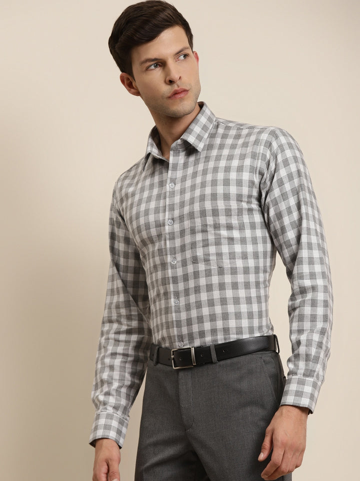 Men Grey Checked Pure Cotton Slim Fit Formal Shirt