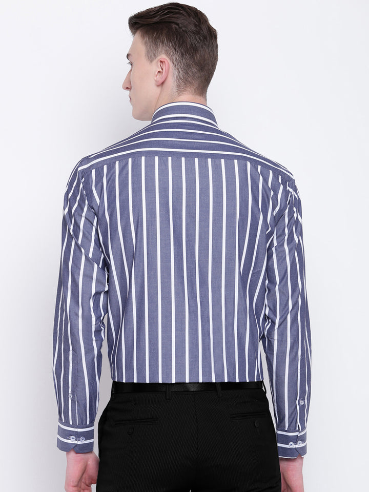 Men Grey & White Pure Cotton Striped Slim Fit Formal Shirt