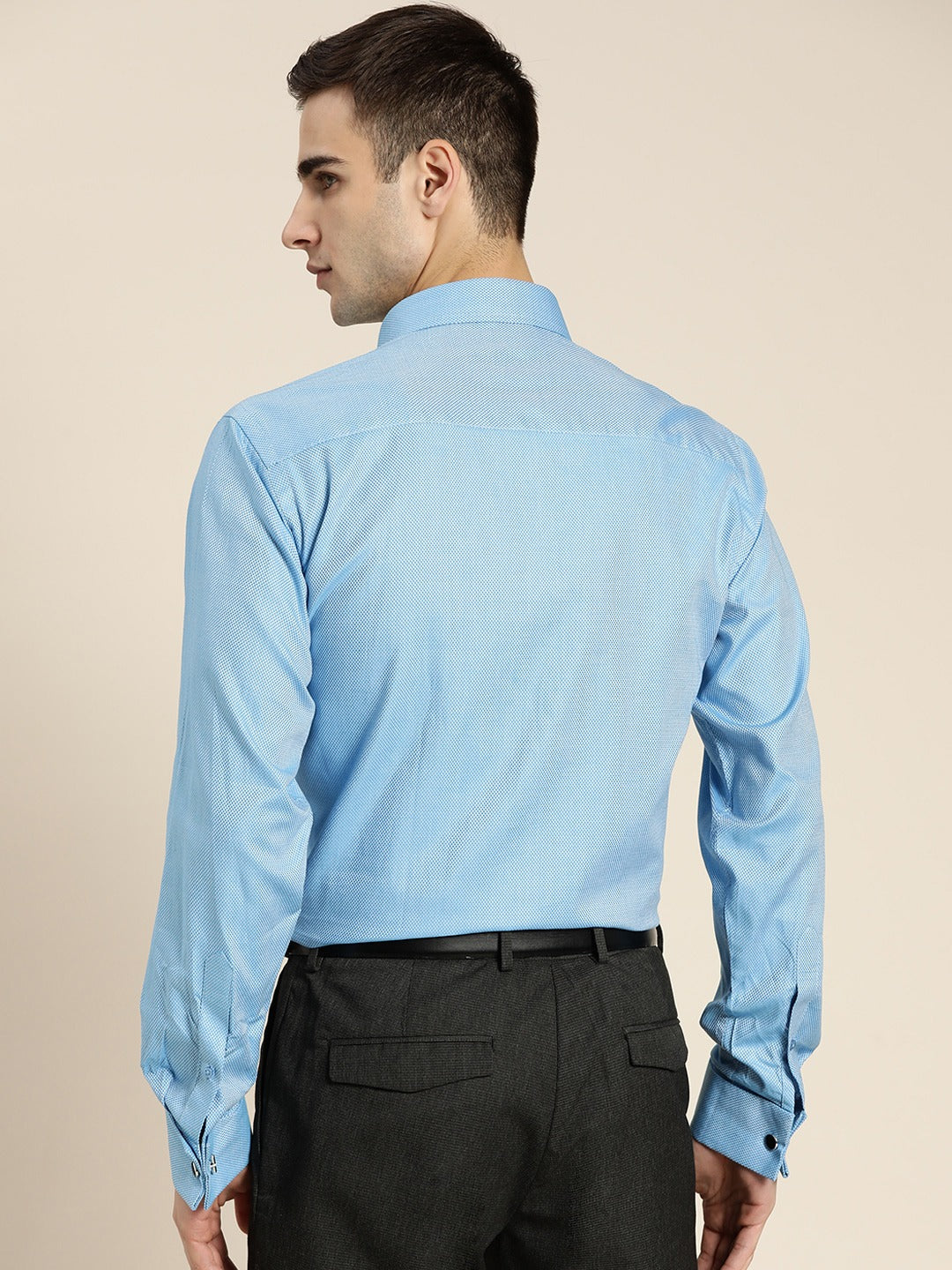 Men Blue Solid Self Design French Cuff Pure Cotton Slim Fit Formal Shirt