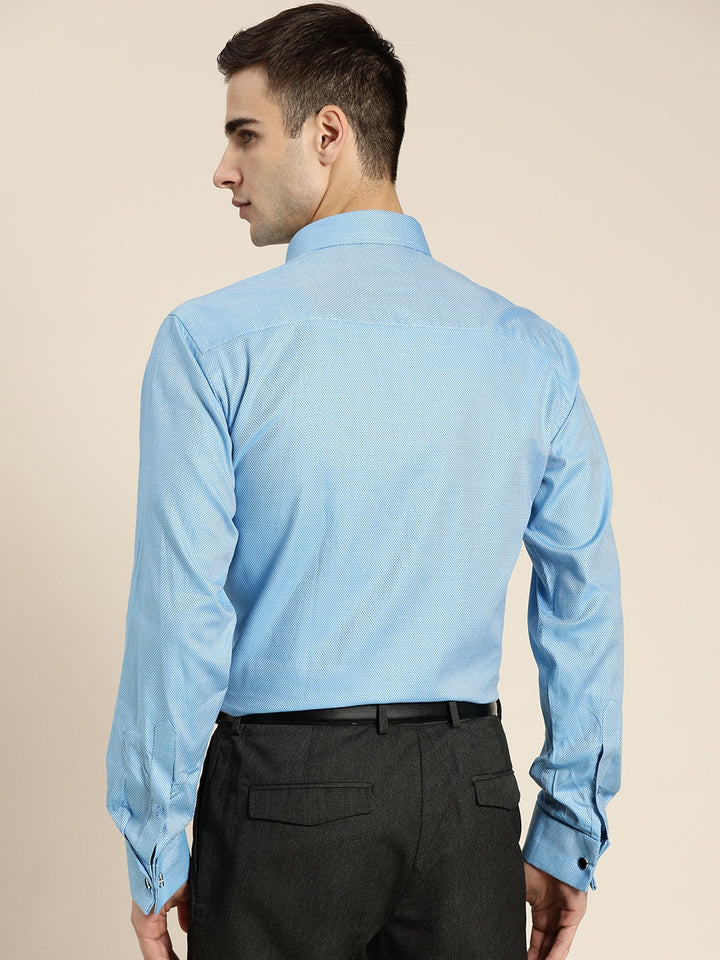 Men Blue Solid Self Design French Cuff Pure Cotton Slim Fit Formal Shirt