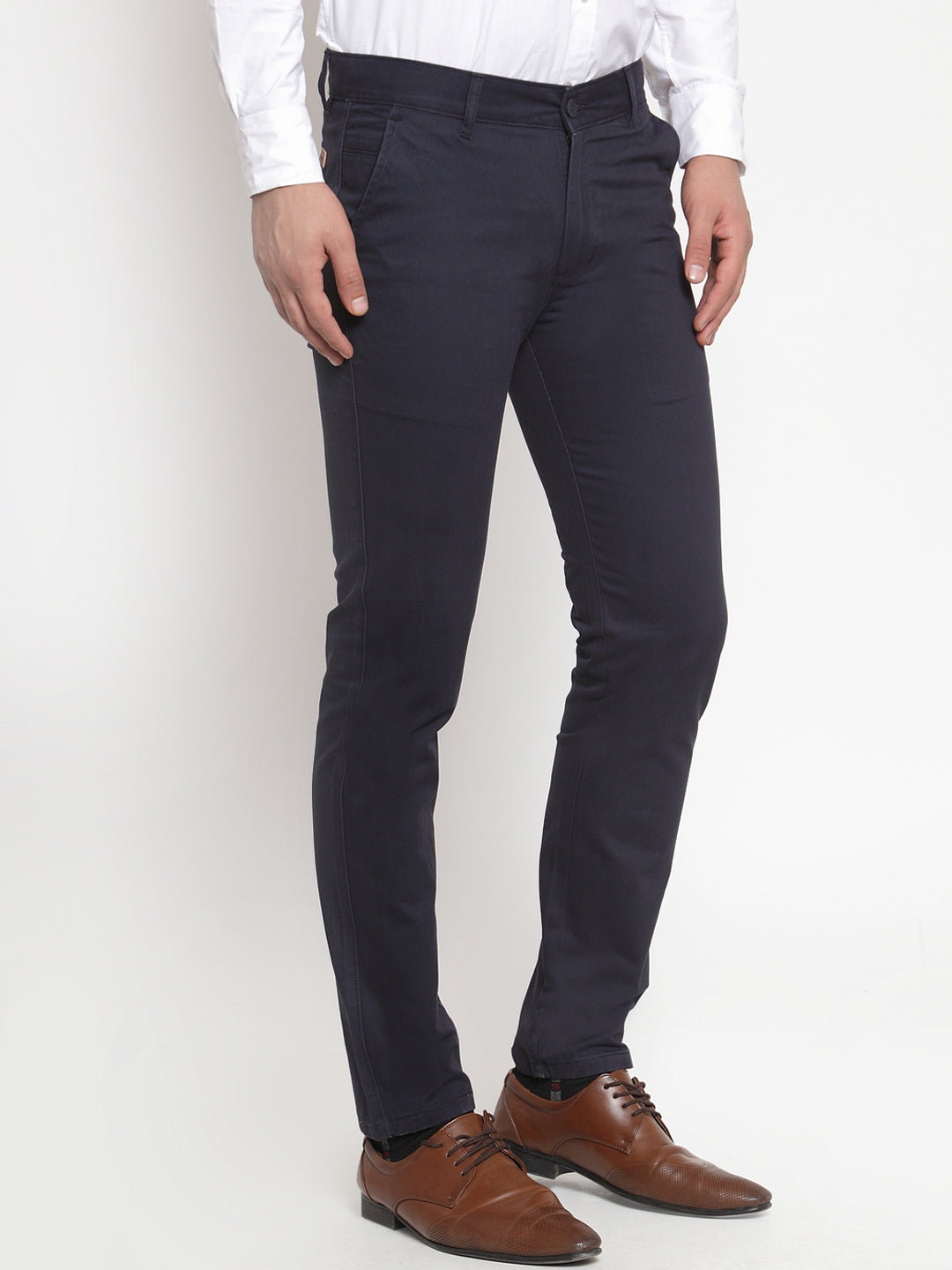Men Navy Pure Cotton Solid Slim Fit Casual Trouser
