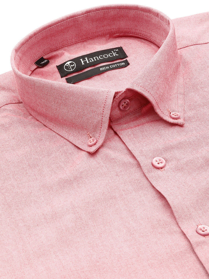 Men Coral Solid Chambray Button Down Collar Slim Fit Formal Shirt