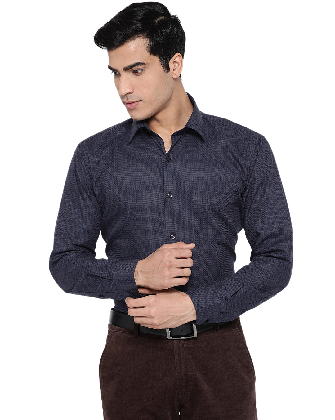 Men Navy Cotton Self Design Slim Fit Formal Shirt