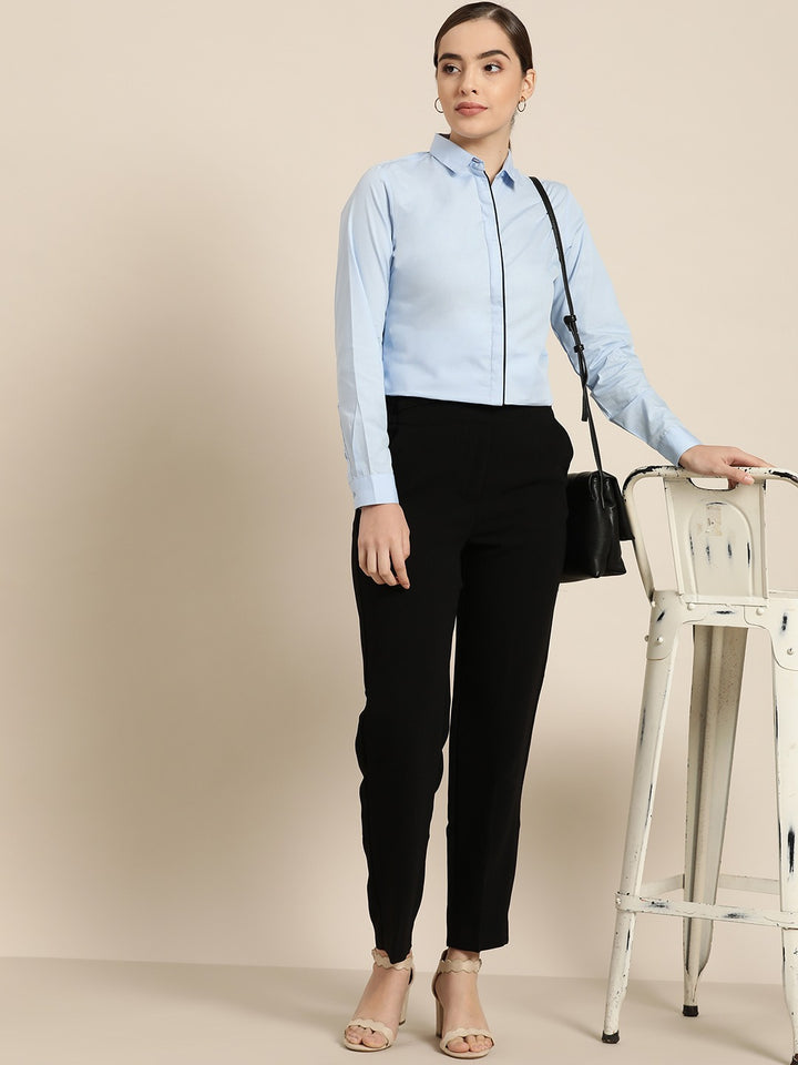 Women Sky Blue Solid Pure Cotton Slim Fit Formal Shirt