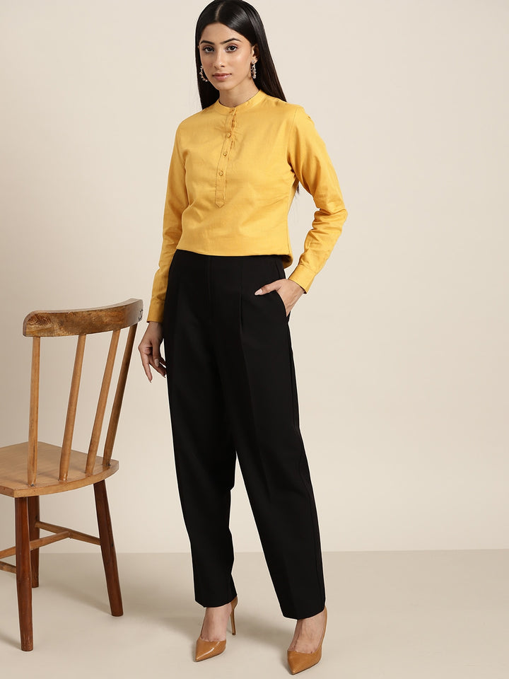 Women Mustard Solids Pure Cotton Slim Fit Formal Top