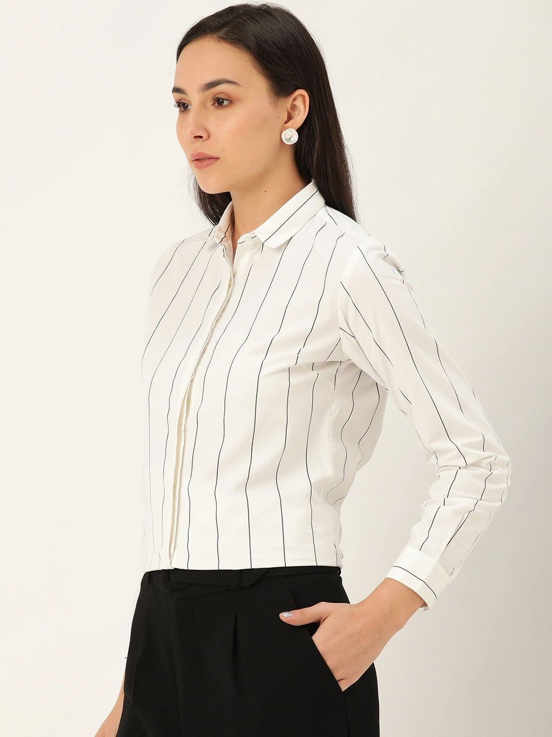 Women White Stripes Pure Cotton Slim Fit Formal Shirt