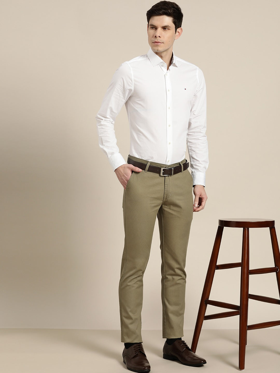 Buy SOJANYA Khaki Cotton Regular Self Pattern Flat Front Trousers for Mens  Online  Tata CLiQ
