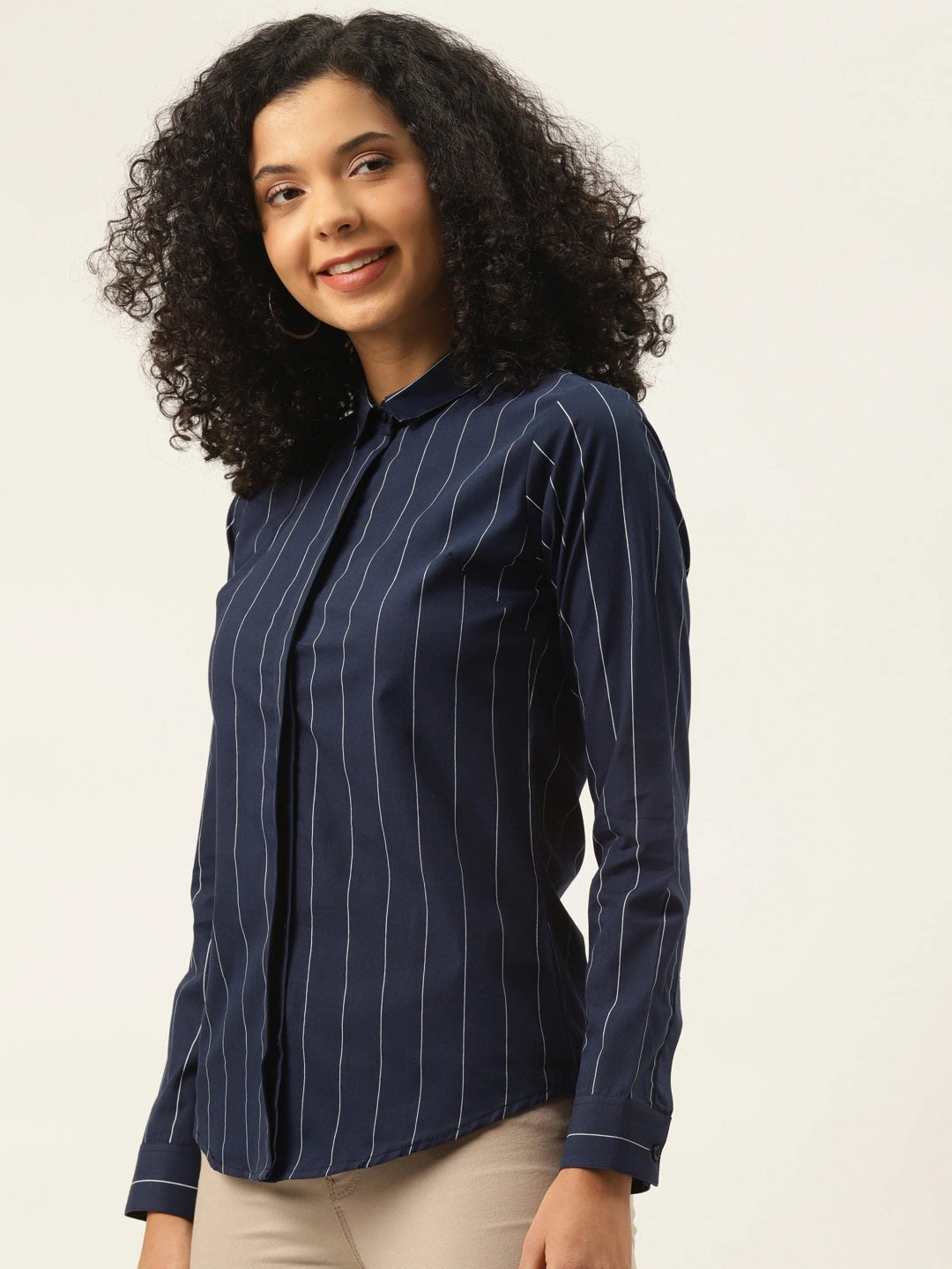 Women Navy Stripes Pure Cotton Slim Fit Formal Shirt
