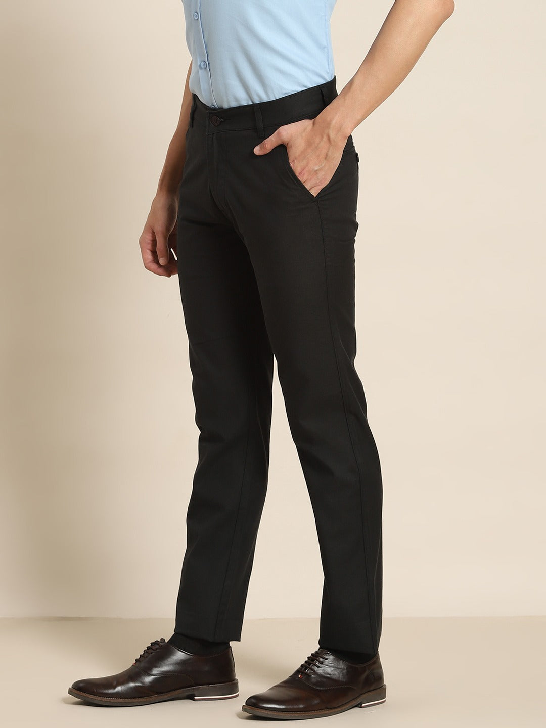 Men Black Solids Cotton Elastene Slim Fit Formal Trouser