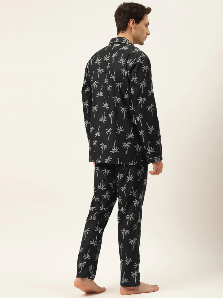 Men Black Prints Pure Cotton Regular Fit Night Wear Night Suit