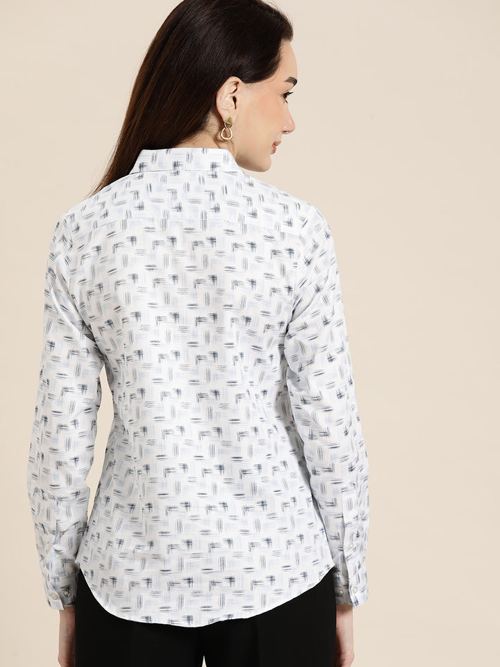 Women White & Navy Printed Pure Cotton Slim Fit Formal Shirt