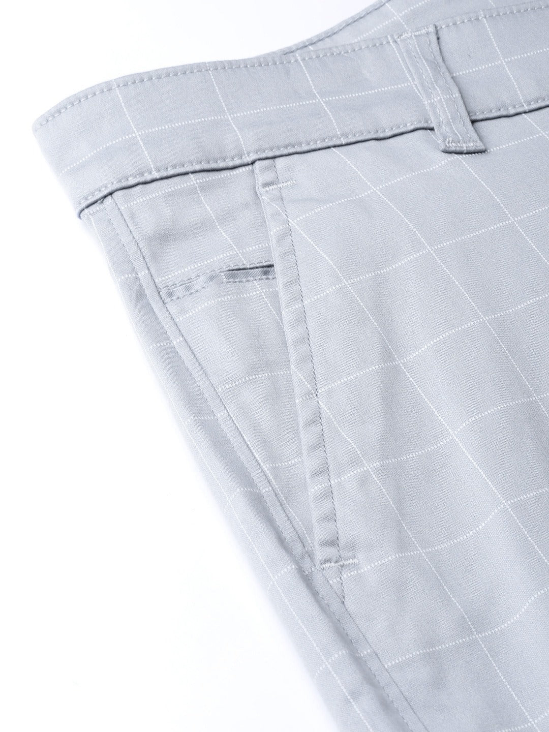 Men Light Grey Checked Cotton Stretch Slim Fit Formal Trouser